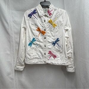 White Jean Jacket with Dragonfly Embroidery‎ and Sequins size medium